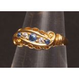 Early 20th century 18ct gold sapphire and diamond ring, set with three circular cut sapphires having