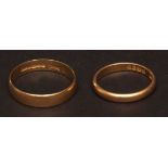 Mixed Lot: two 22ct gold wedding rings, finger sizes Q and K, 5.9gms (2)