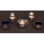 Late Victorian five piece cruet set, comprising pair of open salts and lidded mustard all with
