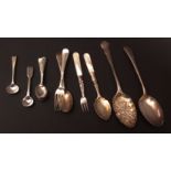 Mixed Lot: Christening spoon and fork, together with four Hanoverian pattern coffee spoons and two