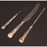 Elizabeth II silver-handled three piece carving set, comprising carving knife, safety fork and