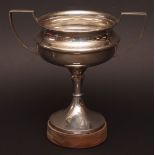 George V two-handled presentation inscribed trophy cup, of typical form with twin handles, knopped