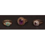 Mixed Lot: antique turquoise, seed pearl and small diamond ring, stamped "15ct"; modern 9ct gold