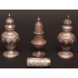 Mixed Lot: pair of baluster pepper casters, together with a further example and part white metal