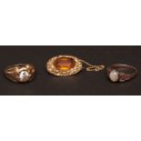 Mixed Lot: 9ct gold white single paste-set stone, finger size Q; antique oval brooch set with a