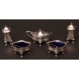 Edward VII five piece cruet set, comprising pair of open salts, together with lidded mustard and