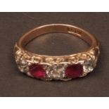 Victorian gold diamond and ruby five stone ring, the gallery set with alternate row of circular