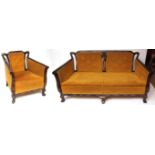 Chinoiserie sofa and matching armchair, mustard upholstered all raised on short pointed supports and