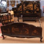 Chinoiserie double bedstead, the head and footboard well decorated each with panels of Oriental