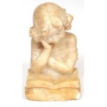 Decorative alabaster bust in the form of a young girl kneeling with a book on her lap and reading