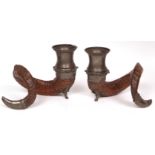 Pair of Scottish pewter mounted ram's horn snuff mulls, with mounted tips and each with one lion