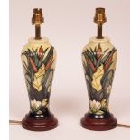 Pair of modern Moorcroft table lamps, "Lamia" pattern by Rachel Bishop, 8" high