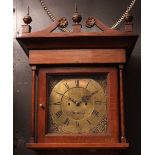 Oak cased 8 day longcase clock, the hood with overhanging cornice surmounted by a shaped pediment