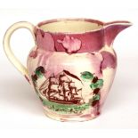 Victorian pink lustre jug of tapering form, decorated with scene of a three masted vessel and