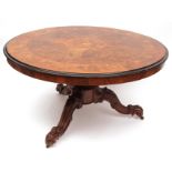 Victorian walnut and marquetry circular dining table, inlaid with border of coloured foliage and