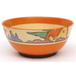 Clarice Cliff circular bowl, "Orange Roof Cottage" pattern (shoulder only), 7" diameter