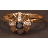 Modern 18ct gold diamond and sapphire ring, the small circular cut sapphire (3mm app) in claw and