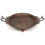 Barbedienne bronze tazza, of two handled circular form, the rim embossed with animals and figures