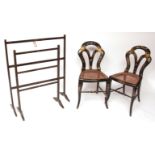 Pair of chinoiserie decorated and mother of pearl inlaid small bedroom chairs, with cane seats,