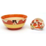 Clarice Cliff Bowl of tapering circular form, "Farmhouse" pattern (shoulder only), together with a