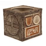 Troika rough-textured and geometric decorated cube plant holder, by Alison Brigden, 6" high