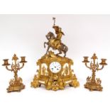 Late 19th century gilt and patinated metal figural mantel clock garniture, Hry Marc of Paris, the