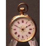 Late 19th century Swiss open face keyless fob watch, the frosted gilt and jewelled movement with