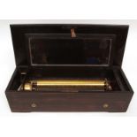 Late 19th century walnut, boxwood and ebonised music box, unsigned, the rectangular case with hinged