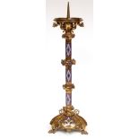 Gilded bronze and champlev enamel mounted large altar candlestick, the drip tray supported by