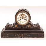 Late 19th century gilt highlighted black marble mantel clock, the drum case on scrolling supports
