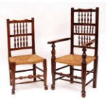 Harlequin set of eight Lancashire style oak dining chairs (7 +1), comprises two carvers and six