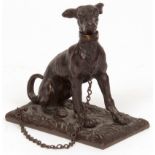 Bronze study of a seated dog, with chained collar attached to base, 4" high