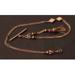 Continental twin-strand watch chain, set with T-bar, swivel and tassel fob and with two herring-bone