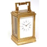 Early 20th century French lacquered brass carriage timepiece, the replacement lever platform