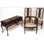 Pair of chinoiserie decorated Queen Anne style bedroom chairs, further chinoiserie long stool with