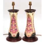 Pair of modern Moorcroft table lamps, "Foxglove" pattern, 12" high