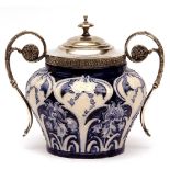 Macintyre gesso faience silver plated mounted two-handled covered pot, of tapering baluster form,