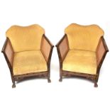 Pair of late 19th century chinoiserie armchairs with ribbed mustard upholstered backs and seats