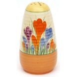 Clarice Cliff conical sifter of spreading circular ribbed form, decorated with a Crocus pattern,