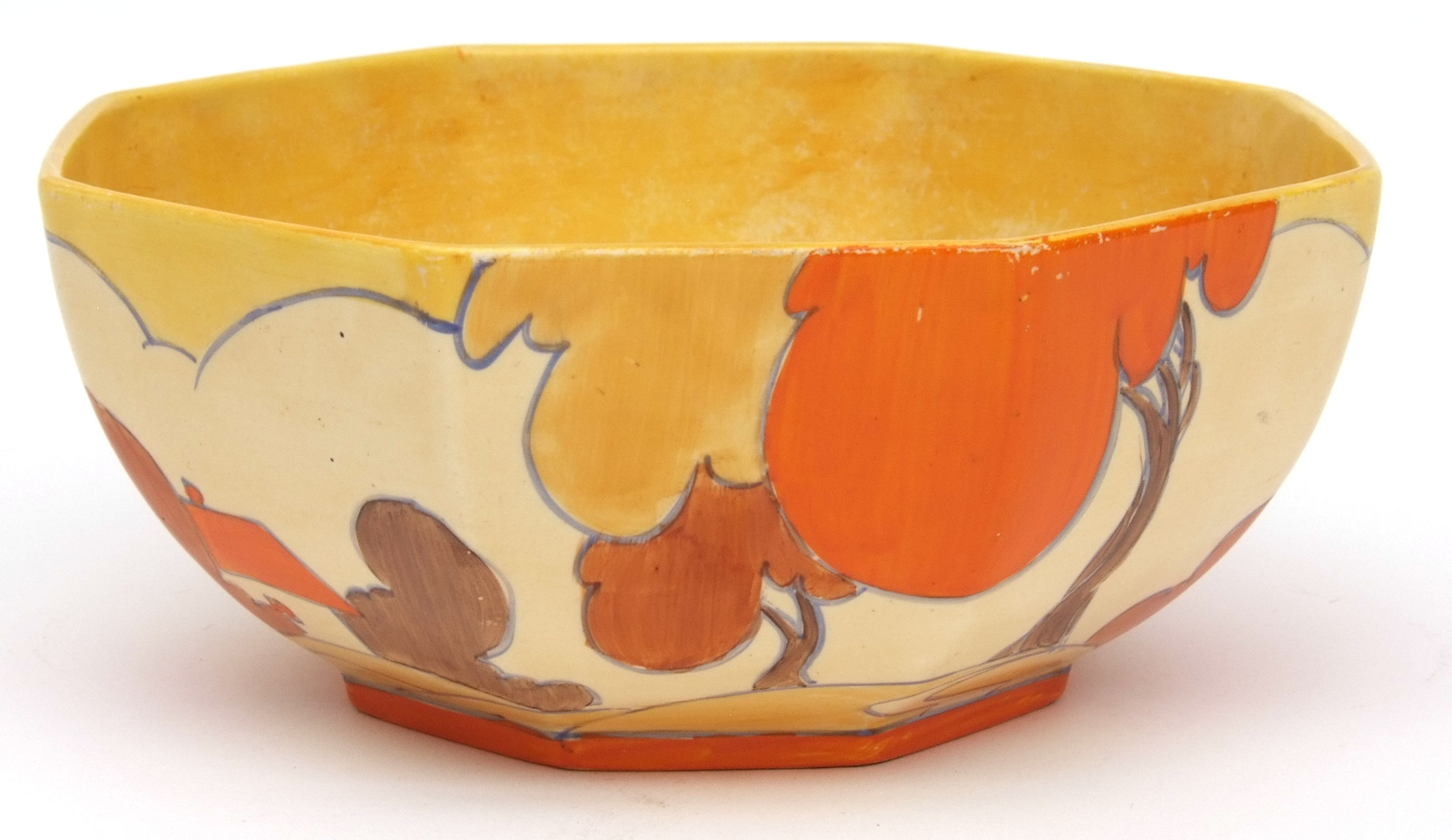 Clarice Cliff octagonal bowl, decorated with the "Balloon Trees" pattern, 7" wide