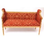 Louis Quinze style giltwood/gesso small sofa or window seat, reupholstered in traditional designer