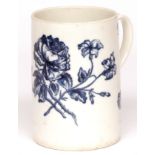 Caughley mug of spreading cylindrical form, with grooved handle, decorated in underglaze blue with