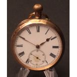 Late 19th century Swiss open face keyless pocket watch, the frosted gilt and jewelled movement