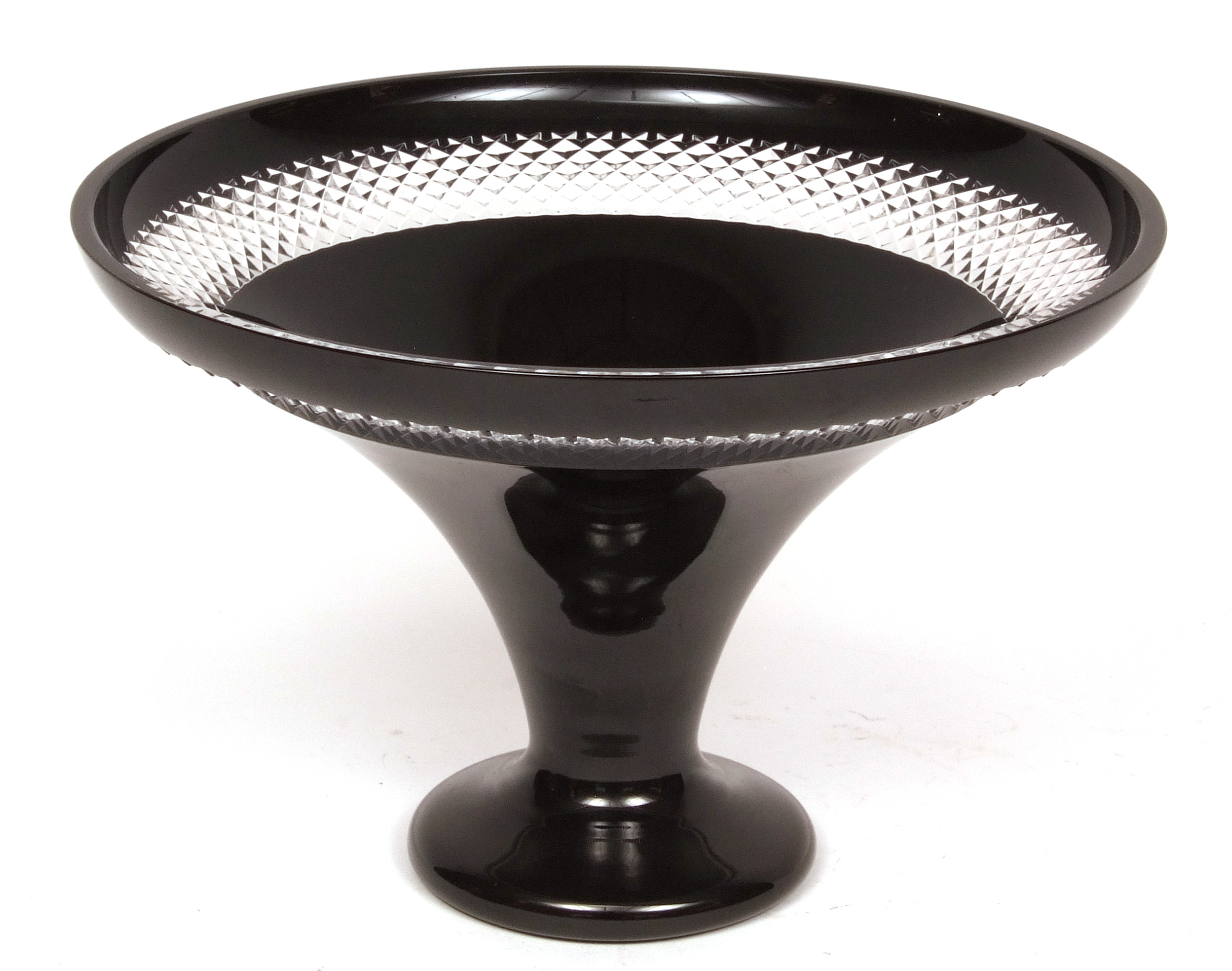 Late 20th century Waterford Crystal black glass pedestal bowl of tapering conical form, with a clear