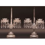 Pair of Waterford Crystal two branch candelabra, each with central dentil cut prisms, joined below