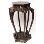 Chinoiserie lacquered torchere stand of hexagonal form, the top decorated with an Oriental scene and