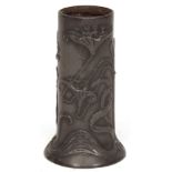 Pewter Arts & Crafts small cylinder vase embossed with butterfly, stylised neo-classical foliage