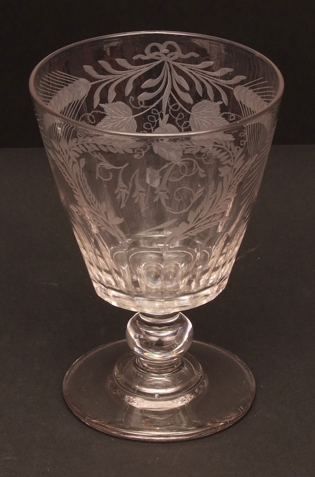 Victorian large goblet or rummer, etched with the initials “WC” within a foliate cartouche and