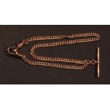 Early 20th century 9ct gold curb link watch chain set with two swivels and floating T-bar, length