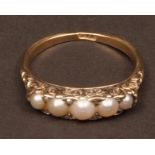 Victorian 18ct gold and pearl five-stone ring, a row of graduated cultured pearls accented with